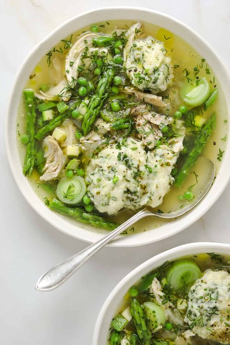 Spring Chicken and Dumplings Springtime Meals, Craving California, Tender Asparagus, Fluffy Dumplings, One Pot Wonder, Spring Meals, Spring Produce, Spring Veggies, Dumpling Dough