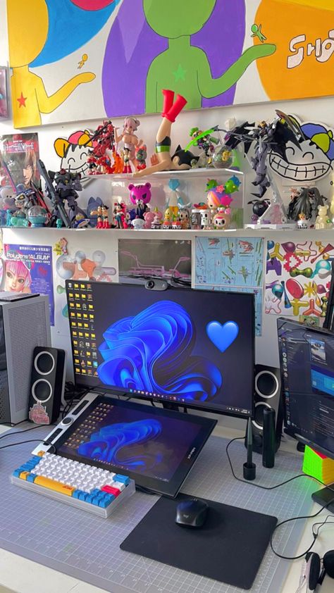 #colorfulroom #decor #3Dmodeling #painting #plushy #pcsetup Plushie Setup, Maximalist Gaming Setup, Crt Setup, Room Plushies, Maximalist Room, Colorful Room, Den Ideas, Diy Room Decor For Teens, Otaku Room