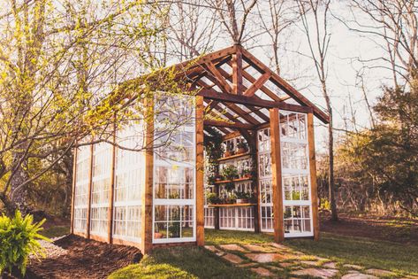 Greenhouse With Old Windows, Lowes Plants, Tiny Wedding Venues, Building A Greenhouse, Window Greenhouse, Cheap Greenhouse, Build A Greenhouse, Greenhouse Interiors, Home Greenhouse