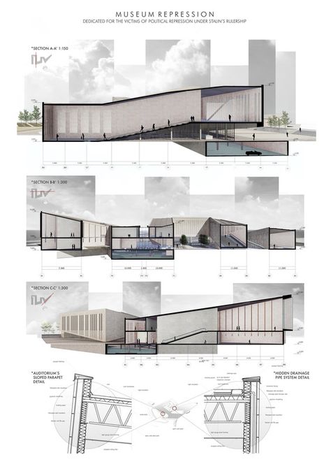 Museum Repression / Fazil Humbatli | illustrarch Poster Arsitektur, Section Architecture, Portfolio D'architecture, Architecture Section, Masterplan Architecture, Collage Architecture, Architecture Portfolio Layout, Zaha Hadid Architecture, Model Architecture