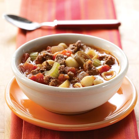 Zesty Hamburger Soup Resep Makanan Beku, Hamburger Vegetable Soup, Soup With Ground Beef, Hamburger Soup, Soup And Stew, Buffalo Chicken Dip, Beef Soup, Soup And Sandwich, Taste Of Home