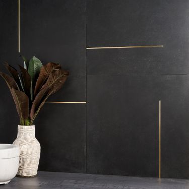 Black Backsplash, Matte Porcelain Tile, Brass Inlay, Ivy Hill Tile, Black Tiles, Commercial Flooring, Tile Work, Porcelain Flooring, Black Wall