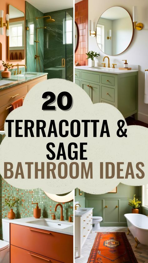 20 Stunning Terracotta and Sage Green Bathroom Ideas for a Tranquil and Stylish Retreat - Style Zuri Brown Boho Bathroom Ideas, Nature Themed Bathroom Decor, Earthy Terracotta Bathroom, Orange Cabinets Bathroom, Emerald Green Small Bathroom, Mood Boards For Bathrooms, Salmon Bathroom Ideas, Sage And Gold Bathroom Ideas, Mexican Modern Bathroom