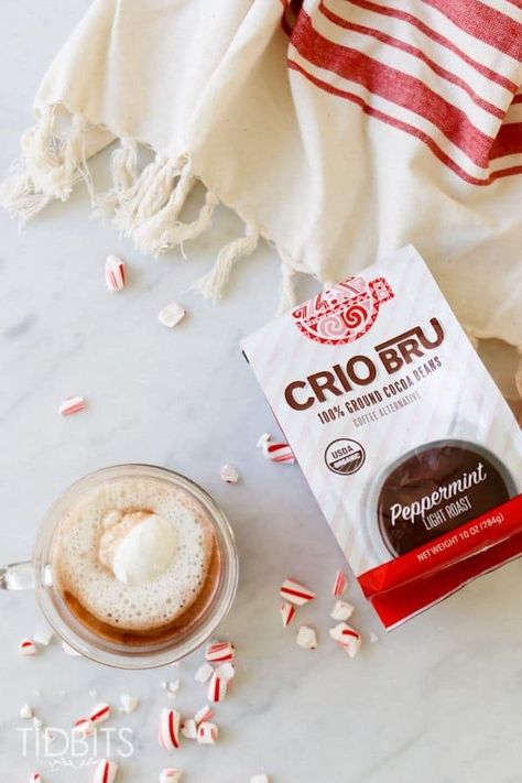 Top shot of a glass of Crio Bru next to packaging Crio Bru, Peppermint Whipped Cream, Instant Pot Dessert Recipes, Instant Pot Dessert, Cooking Breakfast, Nut Milk Bag, Seasonal Drinks, Hot Coco, Keto Chocolate