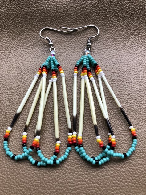 OjibewaBeadwork on Etsy  Native American made beaded earrings made with porcupine quills Porcupine Quill Jewelry, Native American Beadwork Earrings, Native American Beadwork Patterns, Seed Bead Jewelry Patterns, Native Beading Patterns, Beaded Earrings Native, Porcupine Quills, Beadwork Designs, Beaded Earrings Tutorials