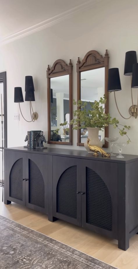 Two Living Room Ideas, Dark Sideboard, Extra Long Sideboard, Sideboard Styling, Modern And Vintage Decor, Cane Sideboard, Credenza Decor, Moody Modern, Sideboard Styles