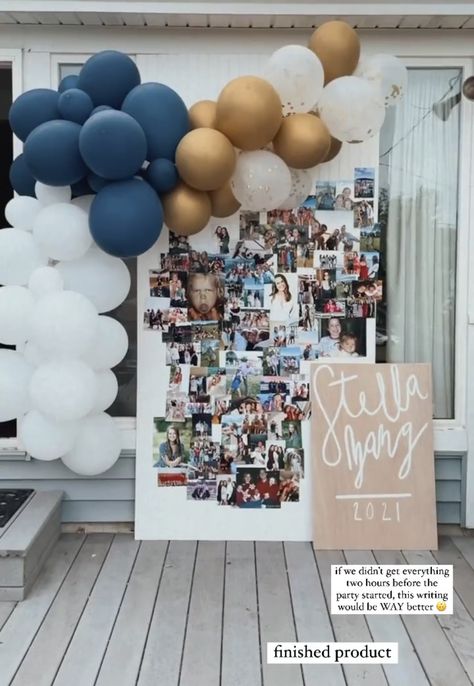 Cheers To The Graduate, Minimal Graduation Party Decor, Senior Backdrop Ideas, Graduation Party Color Ideas, Graduation Picture Wall Ideas, Graduation Party Ideas Minimalist, Graduation Party Pictures Display, Graduation Photo Wall Ideas, Grad Party Diy Decorations