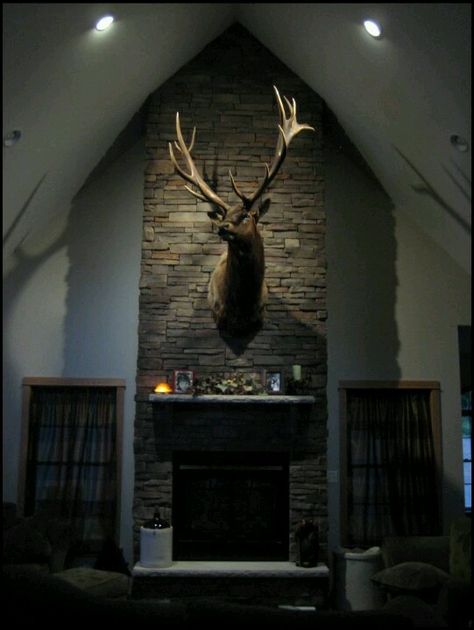 His wall art #choiceisyours /Deers head #Taxidermy Elk Head Mounts Living Rooms, Taxidermy Decor, House Bedroom Ideas, Taxidermy Display, Cabin Wall Decor, Rustic Living Room Furniture, Deer Mounts, Forest Cottage, Mounted Fireplace