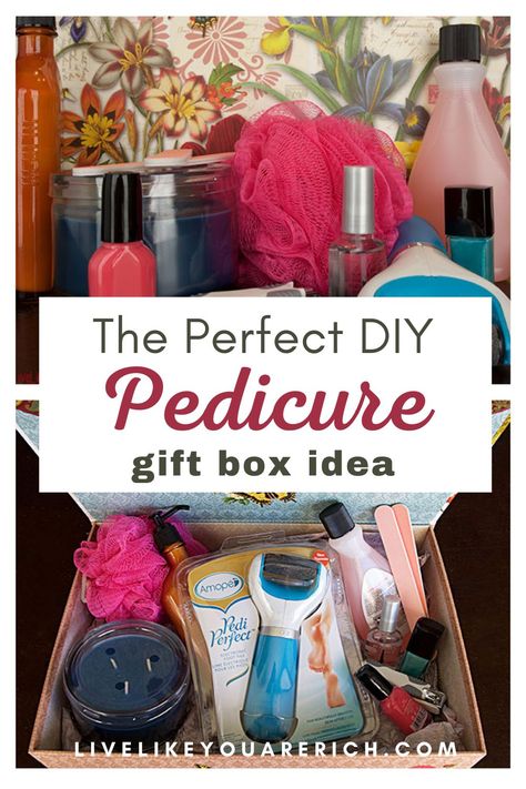 This deluxe pedicure gift box is perfect for women who love to pamper themselves. Create your own pedicure gift box and you’ve got a wonderful gift for your women friends. #giftideas #diypedicuregiftbox Nail Care Gift Basket Ideas, Manicure Gift Basket Ideas, Pedicure Gift Basket Ideas, Nail Gift Basket, Pedicure Gift Basket, Trending Pedicure, Deluxe Pedicure, Unique Nail Ideas, Pedicure Trends