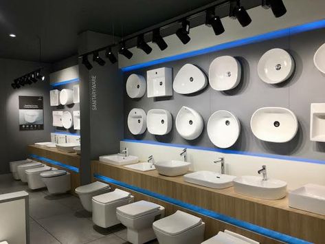 Sanitary Showroom Display, Sanitary Showroom Interiors, Sanitary Showroom, Interior Shop Display, Store Display Design, Shop Counter Design, Hardware Ideas, Showroom Inspiration, Bath Showroom