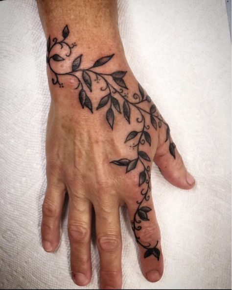 Leave Hand Tattoo, Sleeve To Hand Tattoo, Bay Leaf Tattoo Design, Floral Hand Tattoo Men, Arm To Hand Tattoo Men, Ivy Hand Tattoo, Vine Tattoos Hand, Branch Hand Tattoo, Fern Hand Tattoo