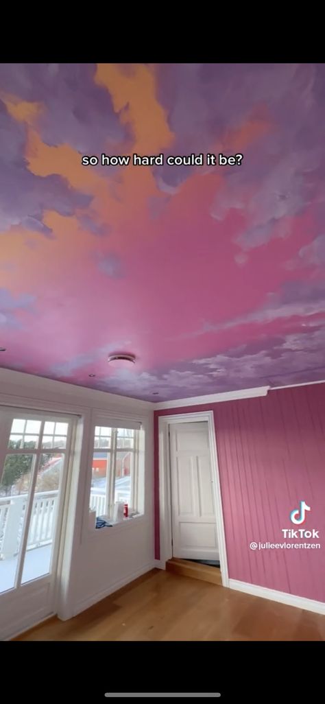 Sunset Sky Ceiling, Sunset Ceiling Mural, Pastel Ceiling, Sunset Ceiling, Maximalist House, Cool Light Fixtures, Pink Ceiling, Sky Ceiling, Pastel Home Decor