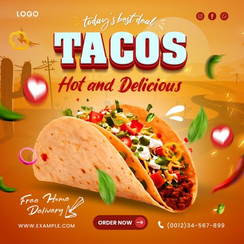 Creative and Delicious Beef Tacos Poster design template for restaurants and Promotions Taco Poster, Veg Tacos, Pork Sisig, Beef Tacos, Tacos Beef, Graphic Design Fun, Marketing Design, Custom Illustration, Custom Branding