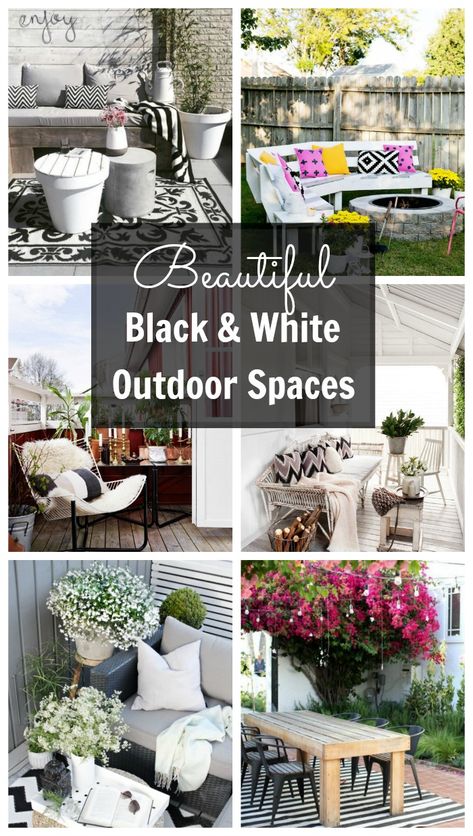 Friday Faves: Beautiful Black and White Outdoor Spaces - A Pretty Fix Patio Decor Black And White, Black White Patio Ideas, Black And White Deck Ideas, Black And White Outdoor Patio Ideas, Black And White Front Porch Ideas, Black And White Front Porch Decor, Black And White Patio Ideas, White Outdoor Table, Porch Inspiration