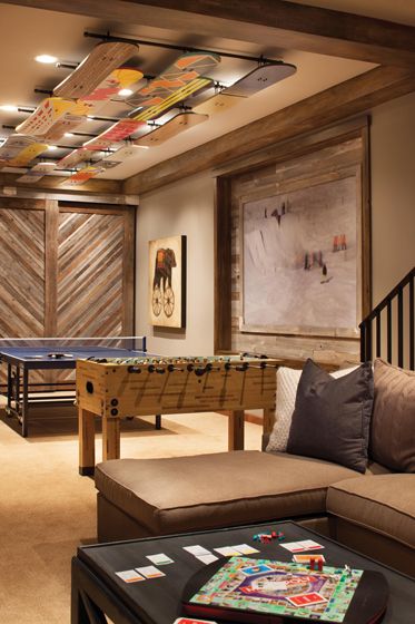 Faux snowboards adorn the ceiling of the #play #room. Interior Design by Kristin Peake. Games Room Ideas, Garage Game Rooms, Basement Games, Acnh Basement, Hangout Room, Game Room Basement, Home Design Magazines, Game Room Family, Basement Ceiling