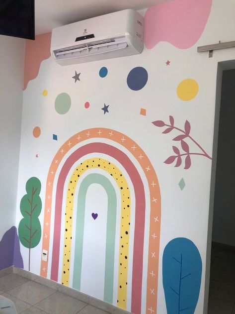 kids bedroom ideas Montessori Wall Painting, Peel And Stick Wall Decals Decor, Wall Painting Ideas For Daycare, Wall Painting Ideas Kids Room, Rainbow Mural Kids Room Diy, Kids Wall Murals Painted, Children Room Wall Painting, Easy Murals To Paint, Playroom Mural Ideas