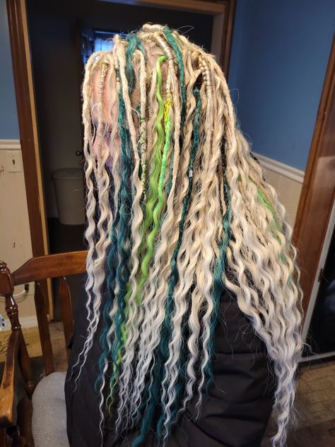 Synthetic dreadlocks wavey dreadlocks blonde dreadlocks Blonde Green Braids, Blonde And Green Braids, Green And Black Soft Locs, Green And Blonde Braids, Dyed Locs Green, Blue And Green Locs, Blonde And Purple Dreads, Green Dreadlocks Black Women, Green Braids