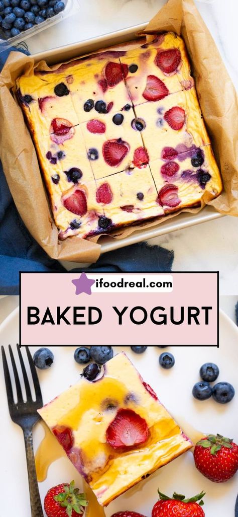 Baked Yogurt tastes like healthy custard, is made with 6 ingredients and contains 8 grams of protein. Dinners With Greek Yogurt, Low Calorie Desserts With Greek Yogurt, Icelandic Yogurt Recipes, Keto Yogurt Dessert, Healthy Desserts Greek Yogurt, Homemade Yogurt Bars, Recipes That Use Plain Yogurt, Greek Yogurt Mix Ins Healthy, Greek Yogurt Dessert Easy