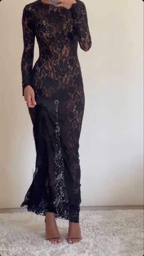 Sheer Lace Dress Long Sleeve, Lake Wedding Dress Guest, Carnegie Hall Outfit, Black Lace Dress Aesthetic, Italian Mob Wife Aesthetic, Dress On Amazon, Sheer Lace Dress, Mode Inspo, Lace Maxi