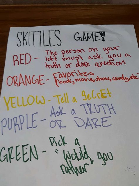 SKITTLE GAME Games Sleepover, Skittles Game, Teen Sleepover Ideas, Fun Sleepover Games, Sleepover Party Games, Teen Sleepover, Bored Jar, Teen Party Games, Anniversaire Diy