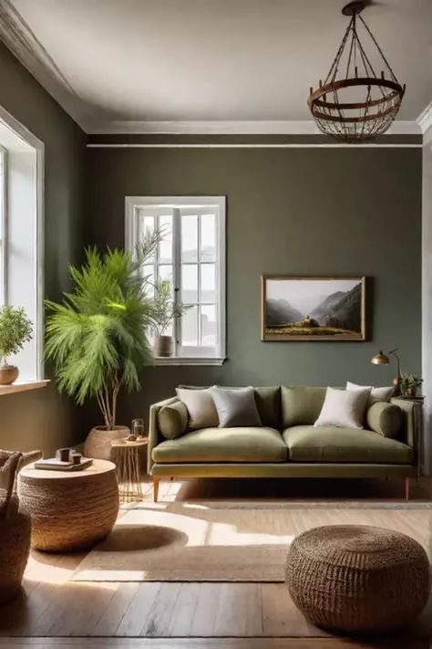 Green Accent Wall Living Room, Cozy Paint Colors, Accent Wall Living Room, Green Accent Wall, Warm Paint Colors, Earthy Living Room, Green Accent Walls, Living Room Wall Color, Accent Wall Colors