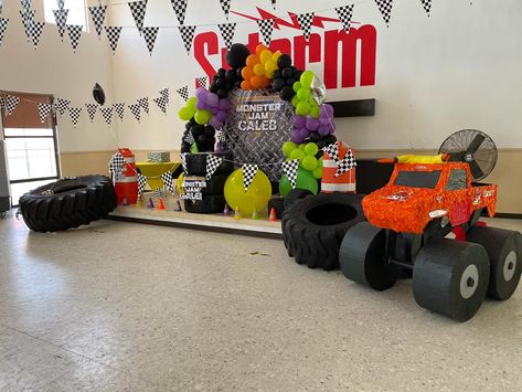 Monster Jam Backdrop, Monster Jam Birthday Party Ideas, Monster Jam Birthday Party, Blaze Birthday Party, Monster Jam Birthday, Monster Jam Party, Blaze Birthday, Monster Truck Cake, Hot Wheels Party