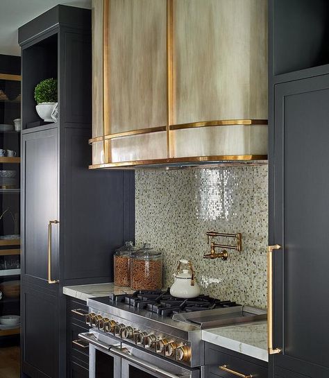 Brass Range Hood, White Stove, Light Grey Kitchen Cabinets, Marble Tile Backsplash, Light Grey Kitchens, Light Gray Cabinets, Kitchen Goals, Kitchen Hood, Brass Trim