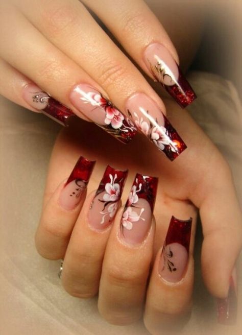 Elegant Asian inspired nail art Asian Nails, Her Nails, Classy Acrylic Nails, Unique Acrylic Nails, Bling Acrylic Nails, Fire Nails, Funky Nails, Pretty Acrylic Nails, Floral Nails