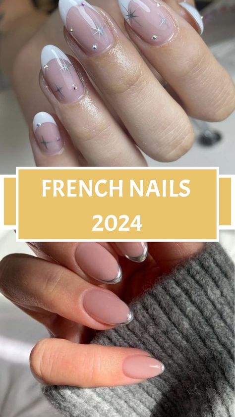 French Nails 2024 Reverse French Almond Nails, Classic Nails French Tip, Opposite French Nails, French Manicure On Square Nails, Nail Inspo Short Almond French Tip, French Manicure New Years Nails, January French Tip Nail Designs, Reversed French Manicure, French Manicure With Glitter Line