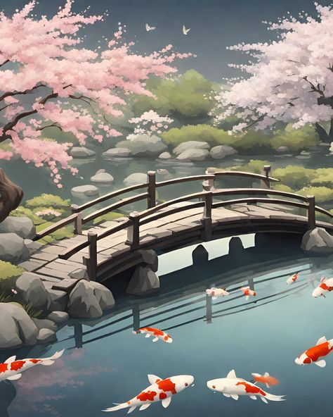 A serene, Japanese garden with a delicate bridge over a pond, koi fish swimming gracefully, and cherry blossoms in full bloom, creating a peaceful and harmonious scene. Japanese Cherry Blossom Garden, Japanese Garden With Koi Pond, Japanese Bridge Drawing, Japanese Garden Drawing, Koi Fish Pond Drawing, Koi Pond Drawing, Koi Quilt, Japanese Garden Painting, Koi Fish And Cherry Blossom