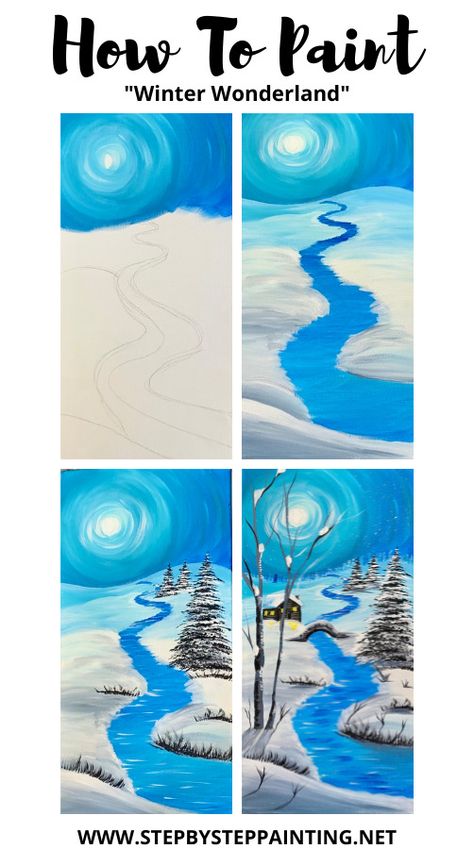 Landscape At Night, Winter Art Lesson, Christmas Canvas Art, Christmas Paintings On Canvas, Creation Art, Canvas Painting Tutorials, Learn How To Paint, Winter Painting, Painting Art Lesson