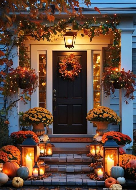 30 Stunning Fall Door Decorating Ideas to Wow Your Guests 39 Lantern Decor Outdoor Front Doors, Thanksgiving Front Door Decorations, Fall Lantern Decor Ideas Front Porch, Latern Decor Ideas Outside, Front Porch Christmas Decor Ideas Modern, Thanksgiving Porch Decor, Simple Fall Porch Decorating Ideas, Fall Porch Decorating Ideas Farmhouse, Fall Garland Front Door