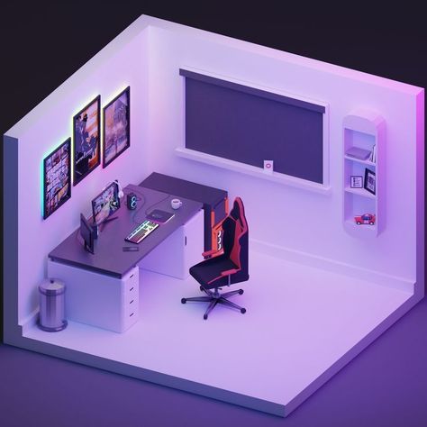 An Idea to design a 3d gaming room in Blender. Bedroom Gaming Setup, Gamer Bedroom, 3d Isometric, Beauty Boost, Power Of Makeup, Isometric Art, Bedroom Setup, Isometric Design, Low Poly Models