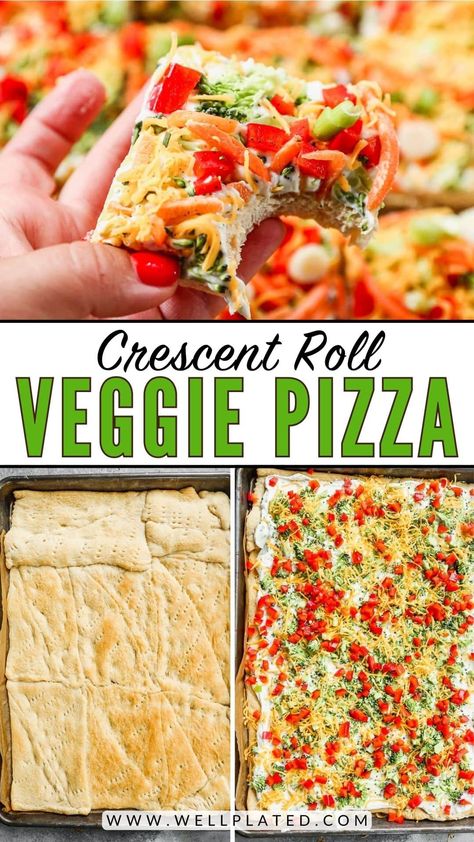 Veggie Squares Crescent Rolls, Crescent Roll Recipes Vegetarian, Vegetable Pizza Crescent Roll, Veggie Pizza With Cream Cheese, Crescent Roll Appetizers Cream Cheese, Crescent Roll Veggie Pizza, Veggie Pizza Appetizer, Cream Cheese Pizza, Cold Veggie Pizza