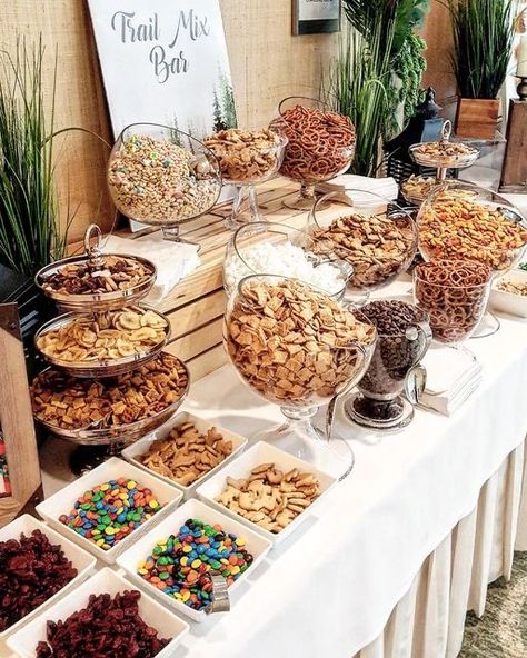 Nuts Table Ideas, Snack Bar Cocktail Hour, Munchie Bar Wedding, Chips Ideas For Party, Wedding Cocktail Hour Snack Ideas, Winter Wedding Snack Bar, Trail Mix Bar Make Your Own Wedding, Cereal Bar Station, Wedding Snack Station Ideas