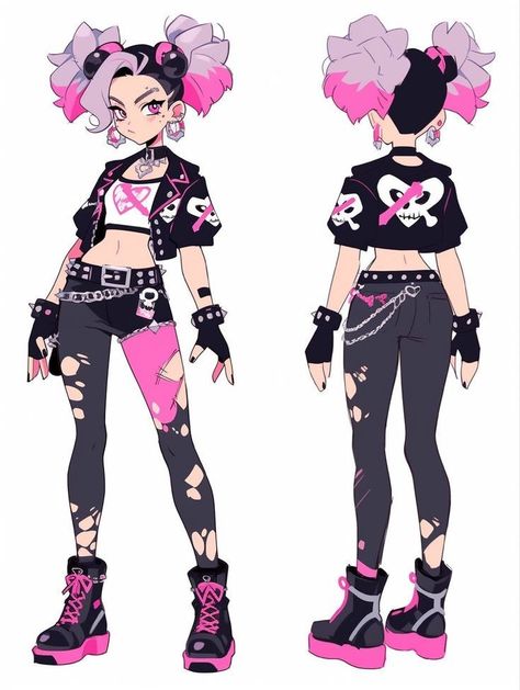 Pastel Punk Art, Goth Outfit Female, Pastel Goth Character Design, Pink Punk Aesthetic Outfits, Punk Anime Female, Punk Outfit Drawing, Pastel Character Design, Oc Outfit Ideas Female, Cyberpunk Clothes Design