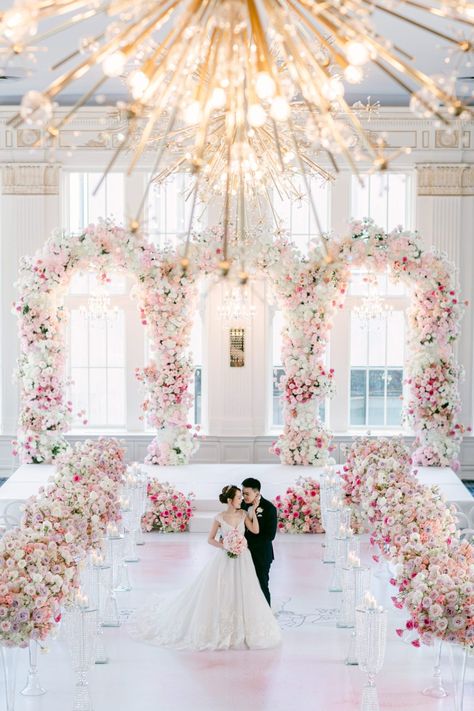 White And Pink Wedding Reception, Floral Letters Wedding, Classic Palace, Cake And Sweets, Wedding Stairs, Pink Corsage, Pink Wedding Receptions, Bouquet Of Pink Roses, Dance Floor Vinyl