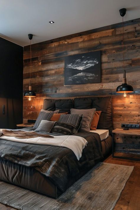 Male Bedroom Ideas, Dark Cozy Bedroom, Dark Wood Bedroom, Masculine Bedroom, Neutral Bedrooms, Moody Bedroom, Dark Bedroom, Mens Bedroom, Farmhouse Bedroom Decor