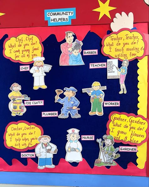 Community Helpers Preschool Decorations, Evs Charts For Class 2, Community Helpers Board Ideas, Community Helpers Theme Board, Community Helpers Classroom Decor, Community Helpers Door Decoration, Community Helpers Decorations, Helpers Chart Preschool, Community Helper Bulletin Board Ideas