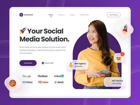 Socialised - Social Media Marketing Website by Andri Prasetia for SLAB Design Studio on Dribbble Website Design Inspiration Business, Social Media Website, Social Media Marketing Campaign, Email Template Design, Brand Communication, Email Branding, Web Design Tips, Graphic Design Lessons, Newsletter Design