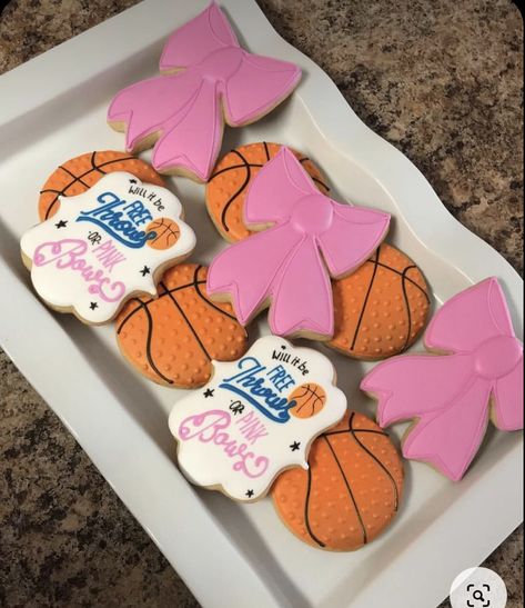 Gender Reveal Ideas For Party Basketball Theme, Gender Reveal Ideas Sports Theme, Basketball And Bows Gender Reveal, Sport Gender Reveal Ideas, Free Throws Or Pink Bows Cake, Gender Reveal Basketball Theme, Bows Or Free Throws Gender Reveal, Basketball Gender Reveal Decorations, Sports Gender Reveal Ideas