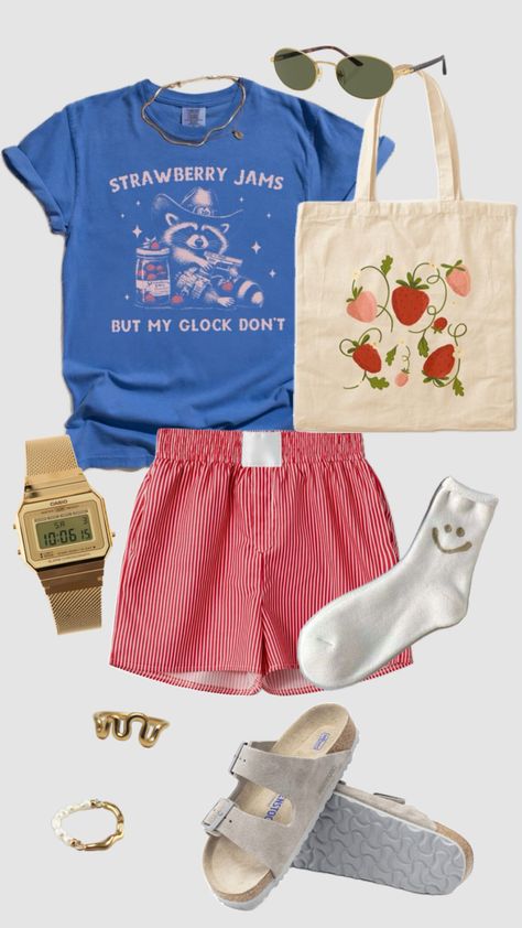 Summer outfit inspo #grandadstyle #oversizedtshirt #cowgirlaesthetic #westernaesthetic #comfortcolors #tropicalsummer #fruitaesthetic #strawberrygirl #retrostreetwear Artsy Outfit Summer, Funky Outfits Aesthetic, Artsy Outfit Ideas, Grandpa Outfit, Eclectic Outfits, Disney Themed Outfits, Artsy Outfit, Earthy Outfits, Funky Outfits