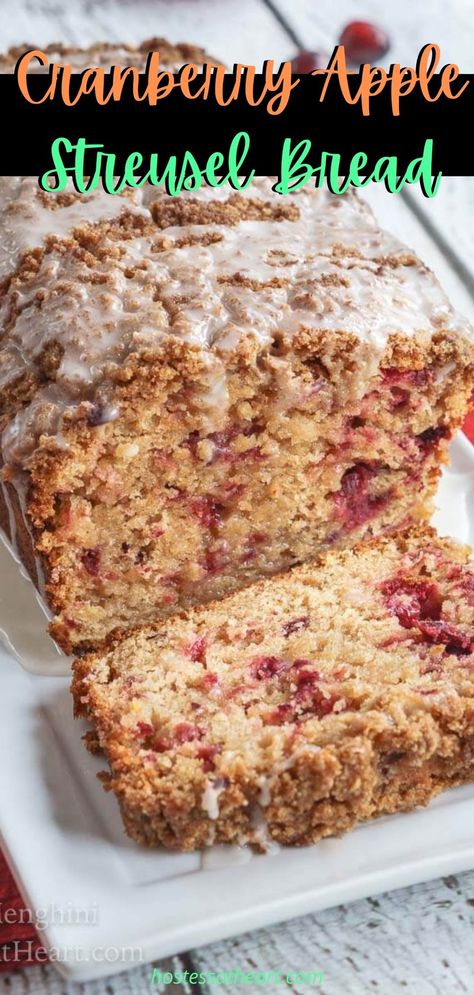 Cranberry Apple Streusel Bread has a delicious soft center dotted with cranberry and apple. This bread is topped with a thick cinnamon brown sugar streusel.#HomemadeBread#CranberryWeek#bread#breadrecipes#baking#breadathome#noyeastbread Cranberry And Walnut Bread, Apple Strussel Bread Recipe, Apple Cranberry Bread Recipe, Apple Streusel Bread Recipe, Cranberry Apple Bread, Cranberry Quick Bread, Flavored Bread, Christmas Breads, Easy Quick Bread