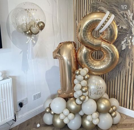 Birthday Ballons Idea, Balloon 18th Birthday, 16 Ballon Arrangement, Gold And Cream Birthday Party Decor, Balloons 18th Birthday, 50th Balloon Bouquet, 80 Balloon Decor, 18th Birthday Balloon Bouquet, Number Balloon Arrangements