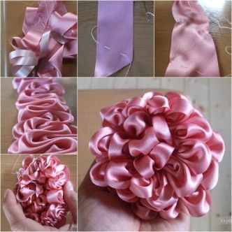 Satin flower Sewing Ribbon Flowers, Starbucks Costume, Diy Ruffle, Ribbon Flowers Diy, Sulaman Pita, Satin Ribbon Roses, Ribbon Flower Tutorial, Diy Ribbon Flowers, Ribbon Embroidery Tutorial