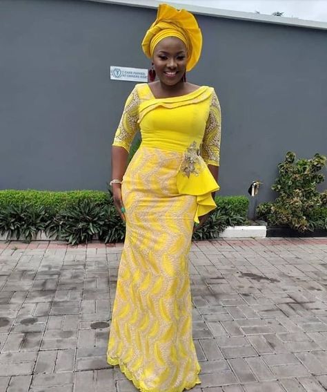 Classy African Dresses, Gown Styles For Ladies, Asoebi Style, African Party Dresses, African Lace Styles, Long African Dresses, Yellow Gown, Lace Gown Styles, African Fashion Skirts