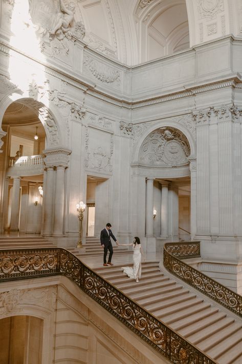 A San Francisco City Hall Engagement session shot on film and digital. Wedding In Art Gallery, Vintage City Wedding, City Hall Engagement Shoot, Sofia Richie Engagement, Sf Engagement Photos, Sf Courthouse Wedding, City Hall Sf Wedding, Engagement Photos City Hall, Sf Engagement Photoshoot