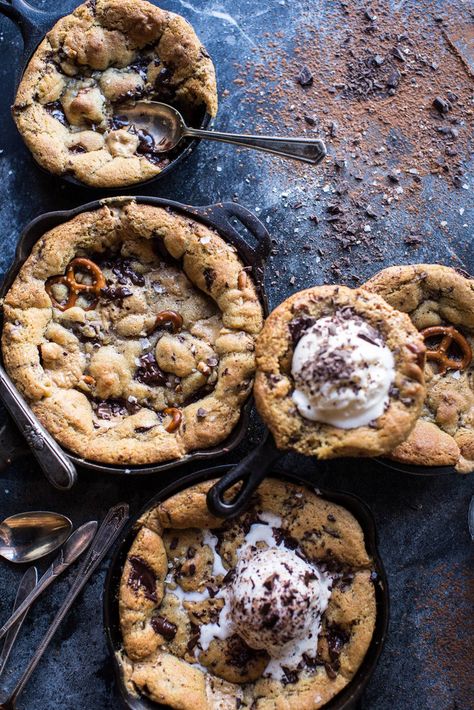 19 cast iron skillet recipes perfect for a campfire Chocolate Chip Skillet Cookie, Skillet Desserts, Half Baked Harvest Recipes, Skillet Chocolate Chip Cookie, Chocolate Ideas, Iron Skillet Recipes, Peanut Butter Pretzel, Skillet Cookie, Slow Cooker Desserts