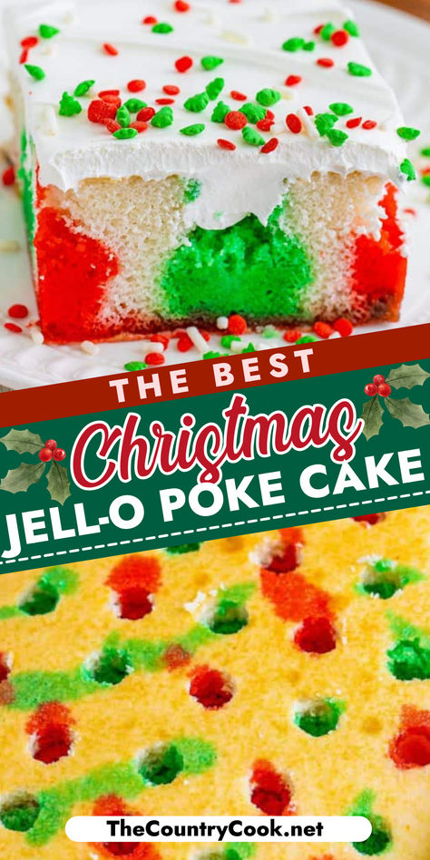 Make this Christmas Jell-O Poke Cake with just a few ingredients and have something festive and special for the holidays without a ton of work! Jello Poke Cake Recipe, Jello Poke Cake, Christmas Jello, Poke Cake Jello, Homemade White Cakes, Christmas Bundt Cake, Poke Cake Recipe, Christmas Cookie Recipes Holiday, Cake Mix Ingredients