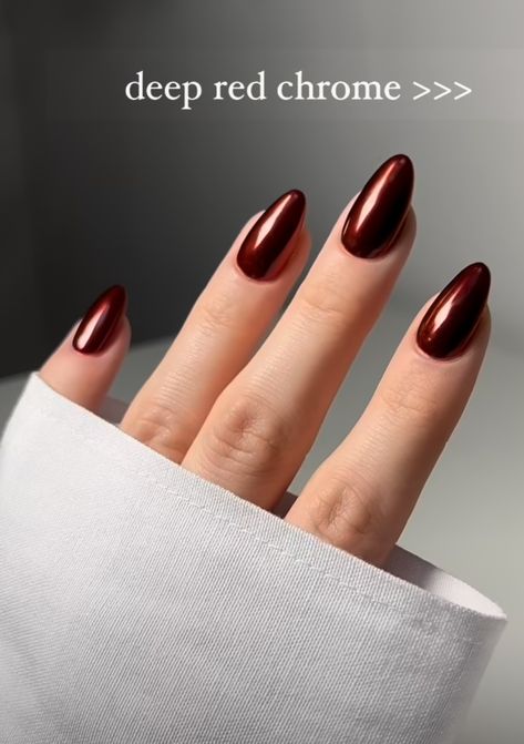 Nails Winter 2025 Trends, Thanksgiving Nails Chrome, November Nails Chrome, Dark Red Crome Nails, Red Brown Chrome Nails, Garnet Nails Designs, Auburn Chrome Nails, Cinnamon Glaze Nails, Chrome Nails For Fall